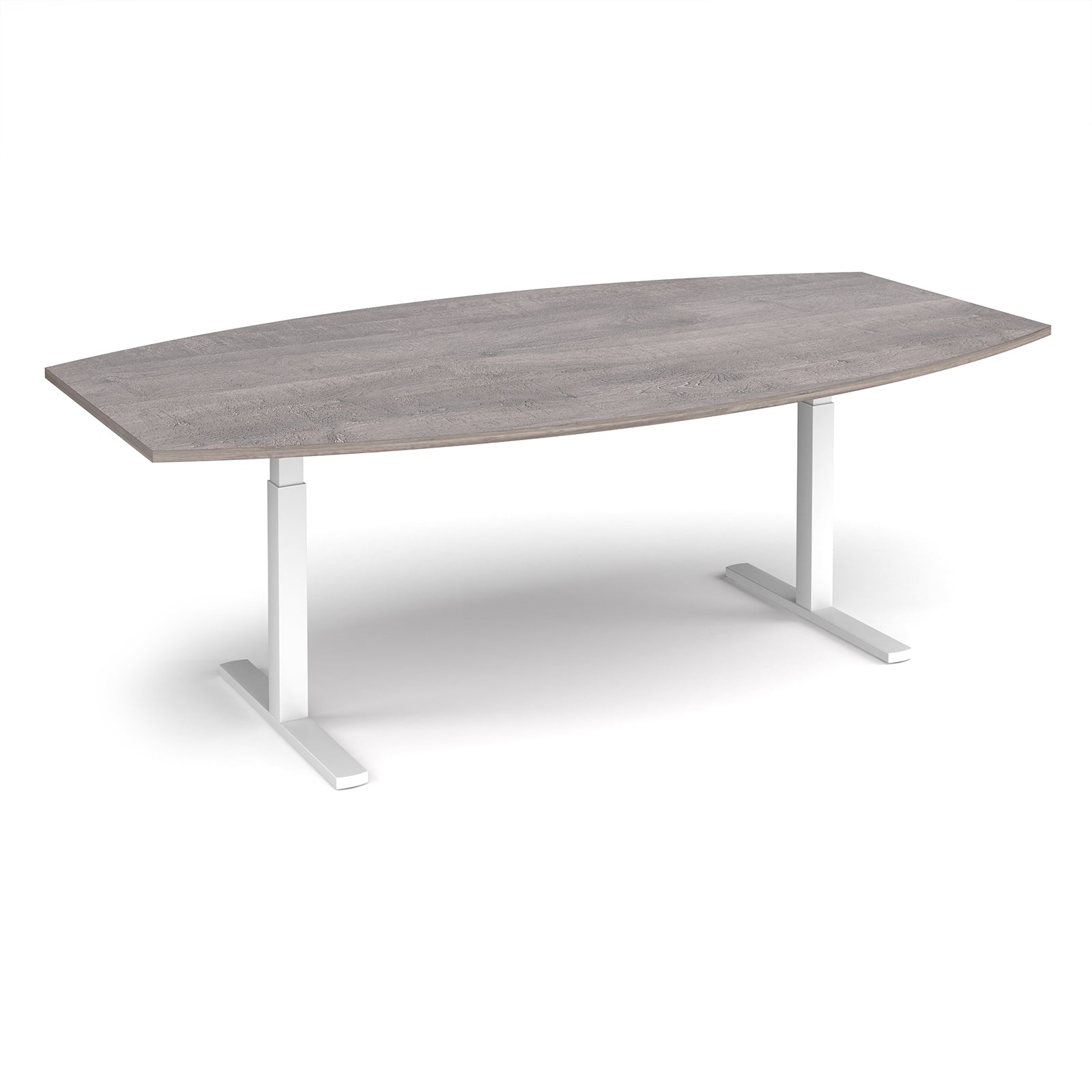 An adjustable height conference table with a grey wood grain top and white metal pedestal legs, shown on a clean white background.