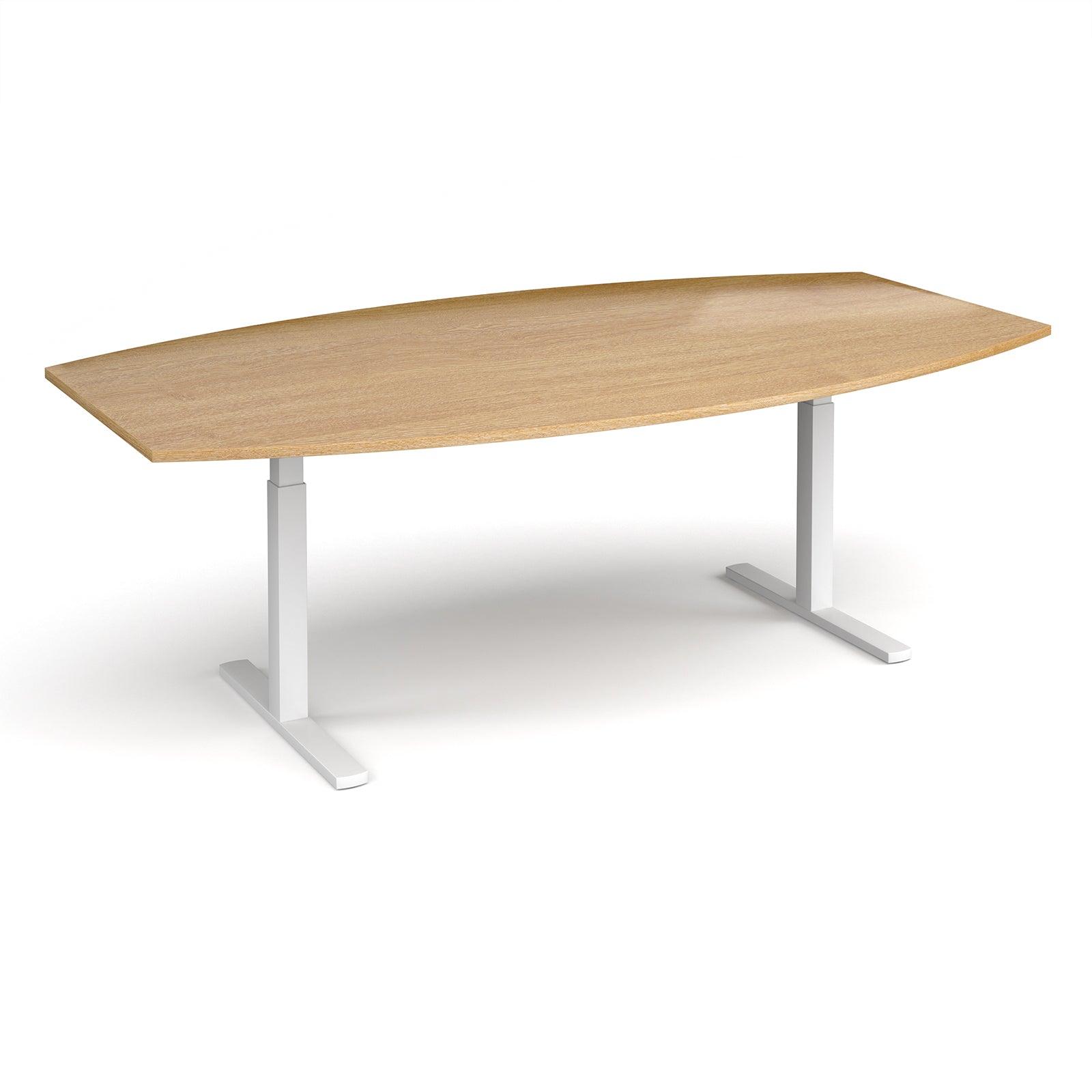 An adjustable height conference table with a light oak wood grain top and white metal pedestal legs, shown on a clean white background.