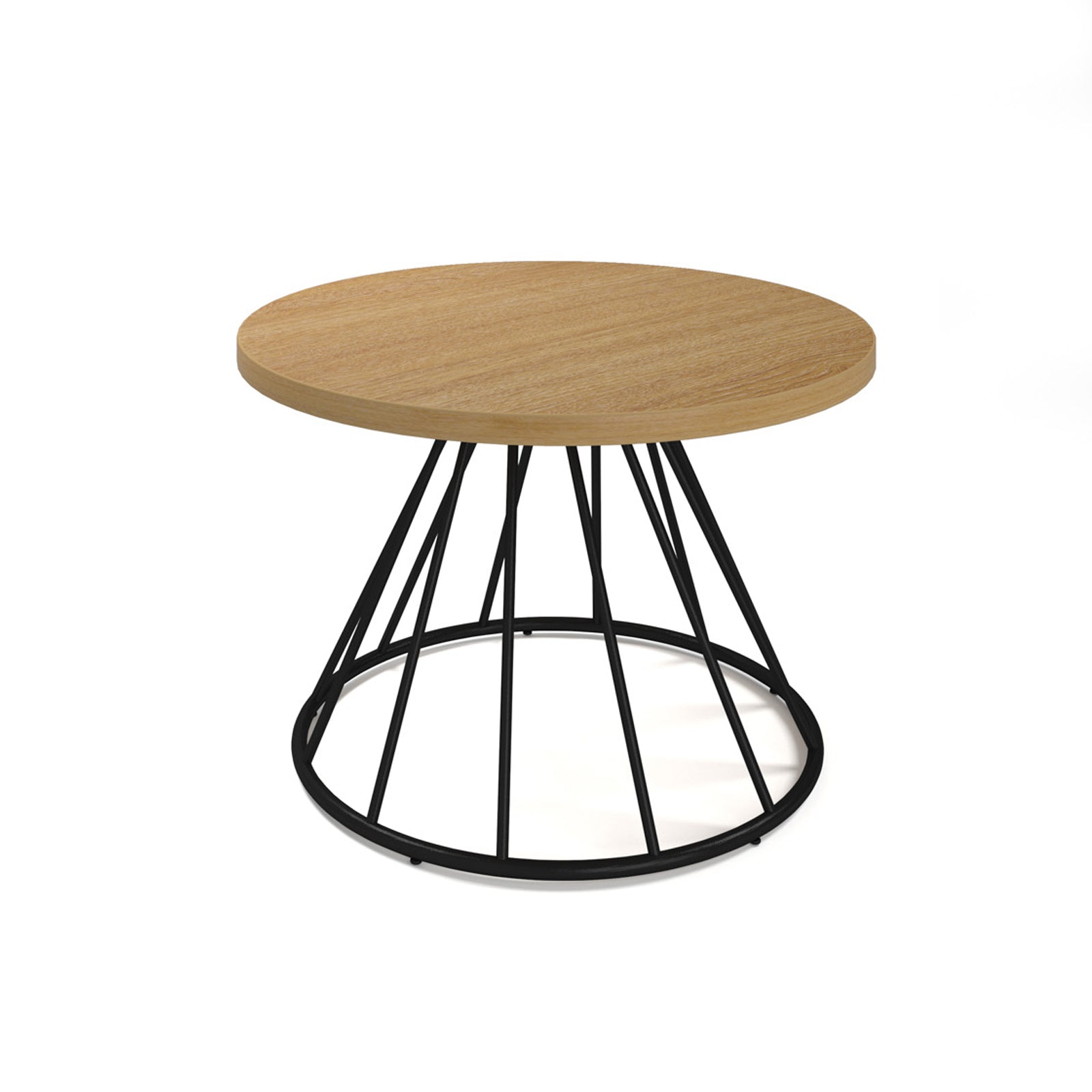 A modern round coffee table with a wood-effect top and a black metal wire cone base, shown on a clean white background.