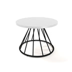 A modern round coffee table with a white top and a black metal wire cone base, shown on a clean white background.