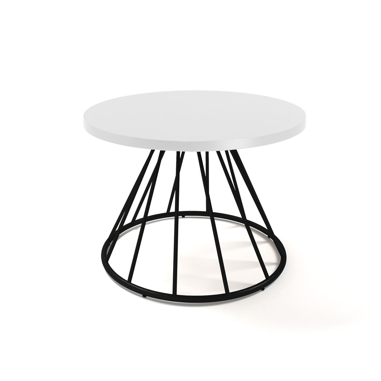 A modern round coffee table with a white top and a black metal wire cone base, shown on a clean white background.