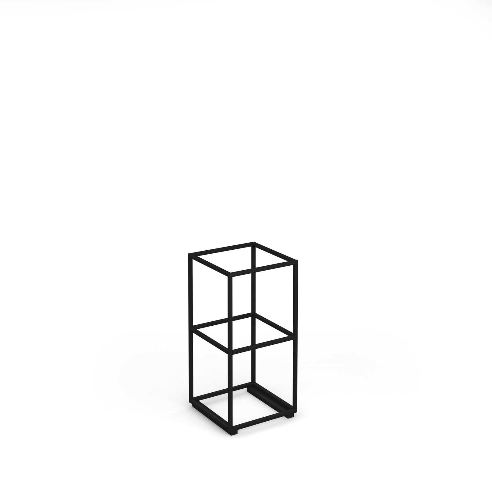 A black metal two-tier storage unit with an open frame design, shown on a solid white background.