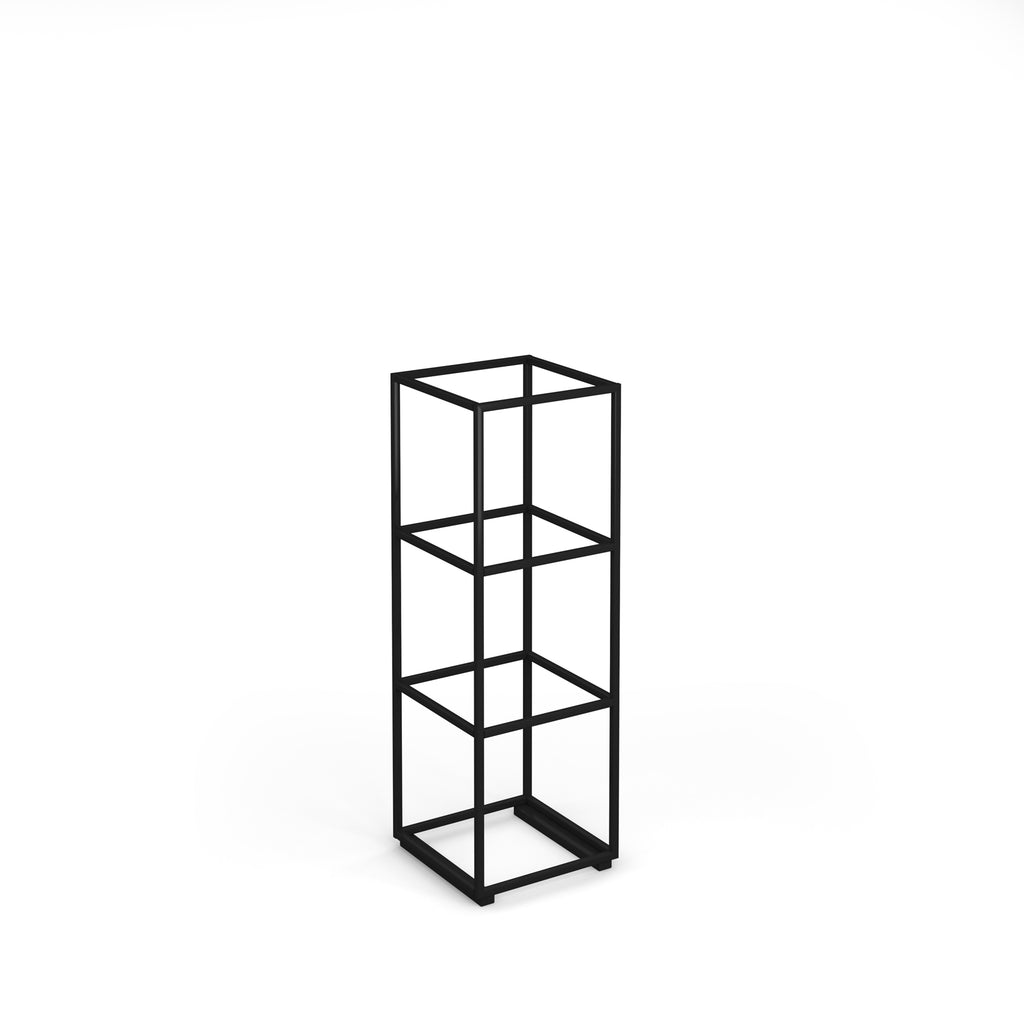 A black metal three-tier storage unit with an open frame design, shown on a solid white background.