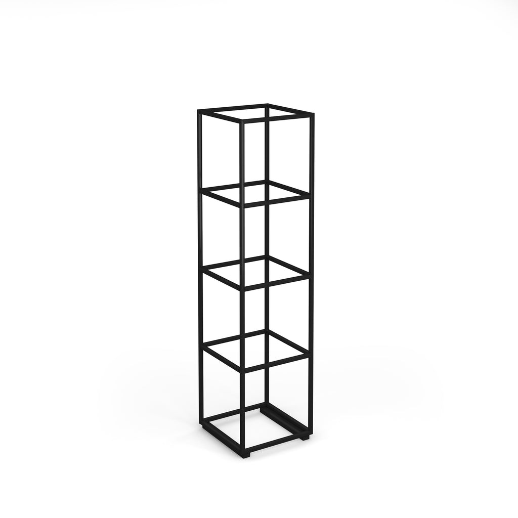 A black metal four-tier storage unit with an open frame design, shown on a solid white background.