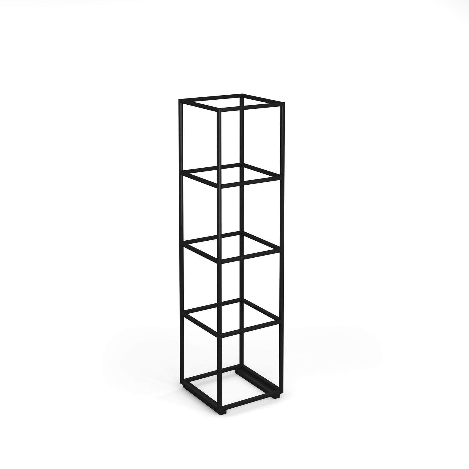 A black metal four-tier storage unit with an open frame design, shown on a solid white background.