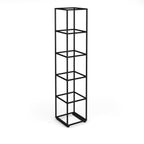 A black metal five-tier storage unit with an open frame design, shown on a solid white background.