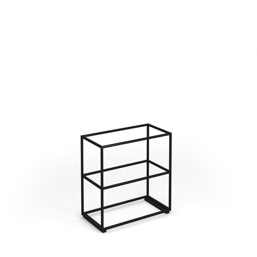 A minimalist black metal wireframe display shelf with two tiers, shown on a clean white background.