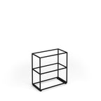 A minimalist black metal wireframe display shelf with two tiers, shown on a clean white background.