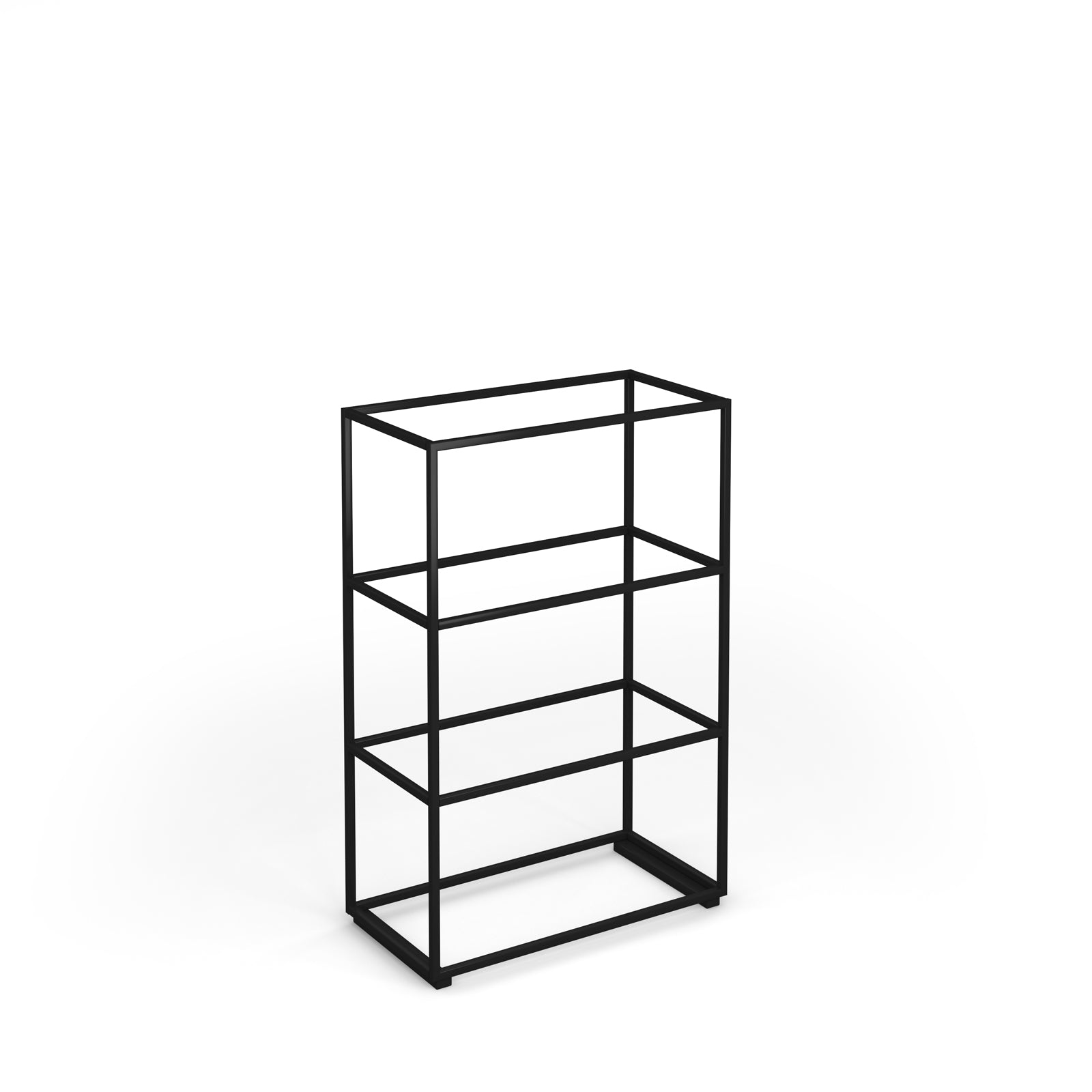 A minimalist black metal wireframe shelving unit with three tiers, shown on a clean white background.