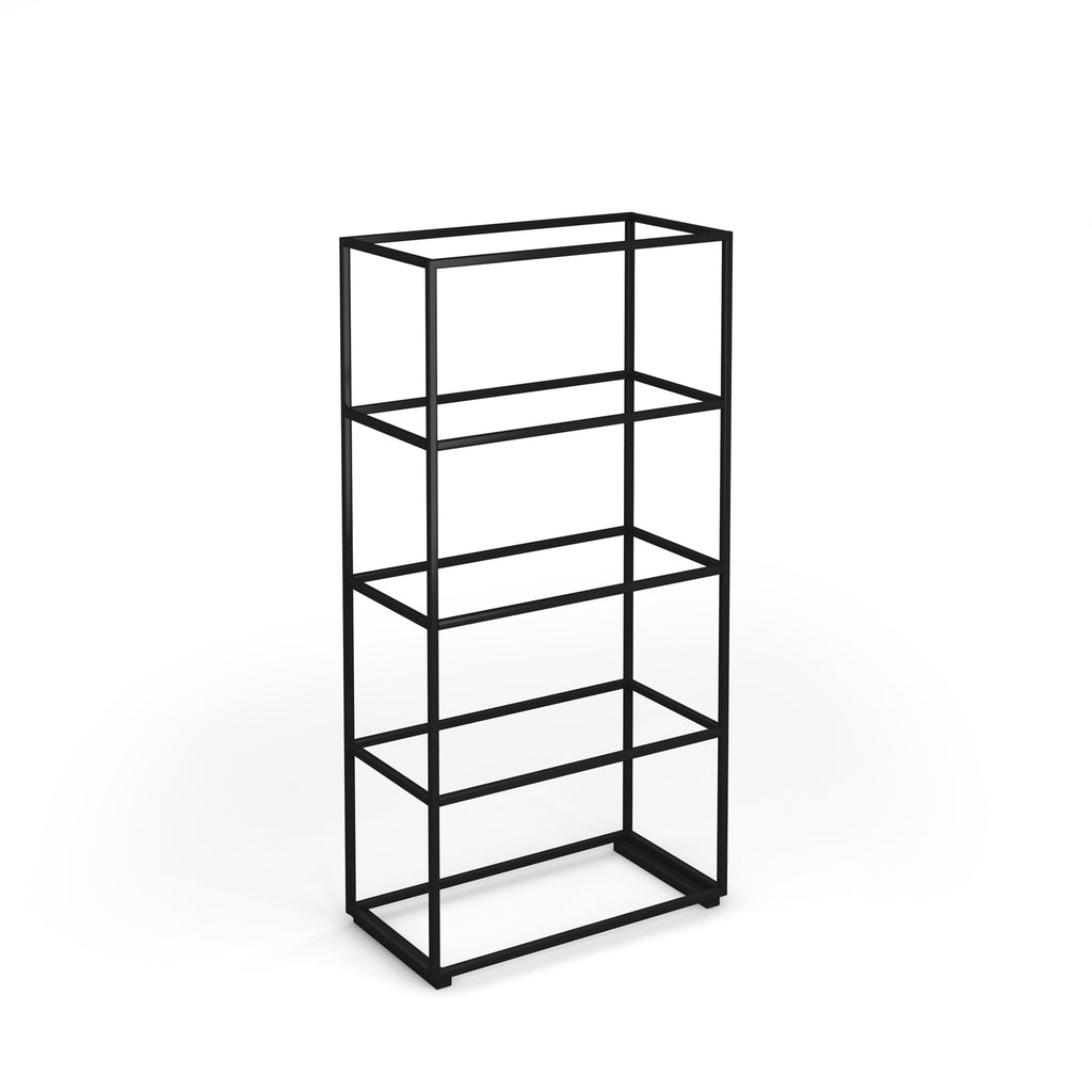 A minimalist black metal wireframe shelving unit with four tiers, shown on a clean white background.