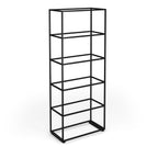 A minimalist black metal wireframe shelving unit with five tiers, shown on a clean white background.