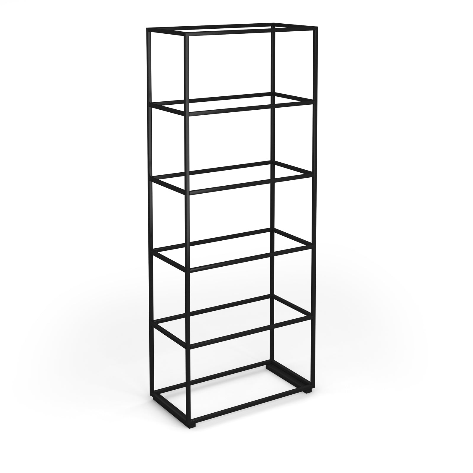 A minimalist black metal wireframe shelving unit with five tiers, shown on a clean white background.