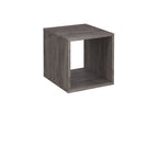 A square open-back storage shelf with a grey wood grain finish, shown from a three-quarter angle on a plain white background.