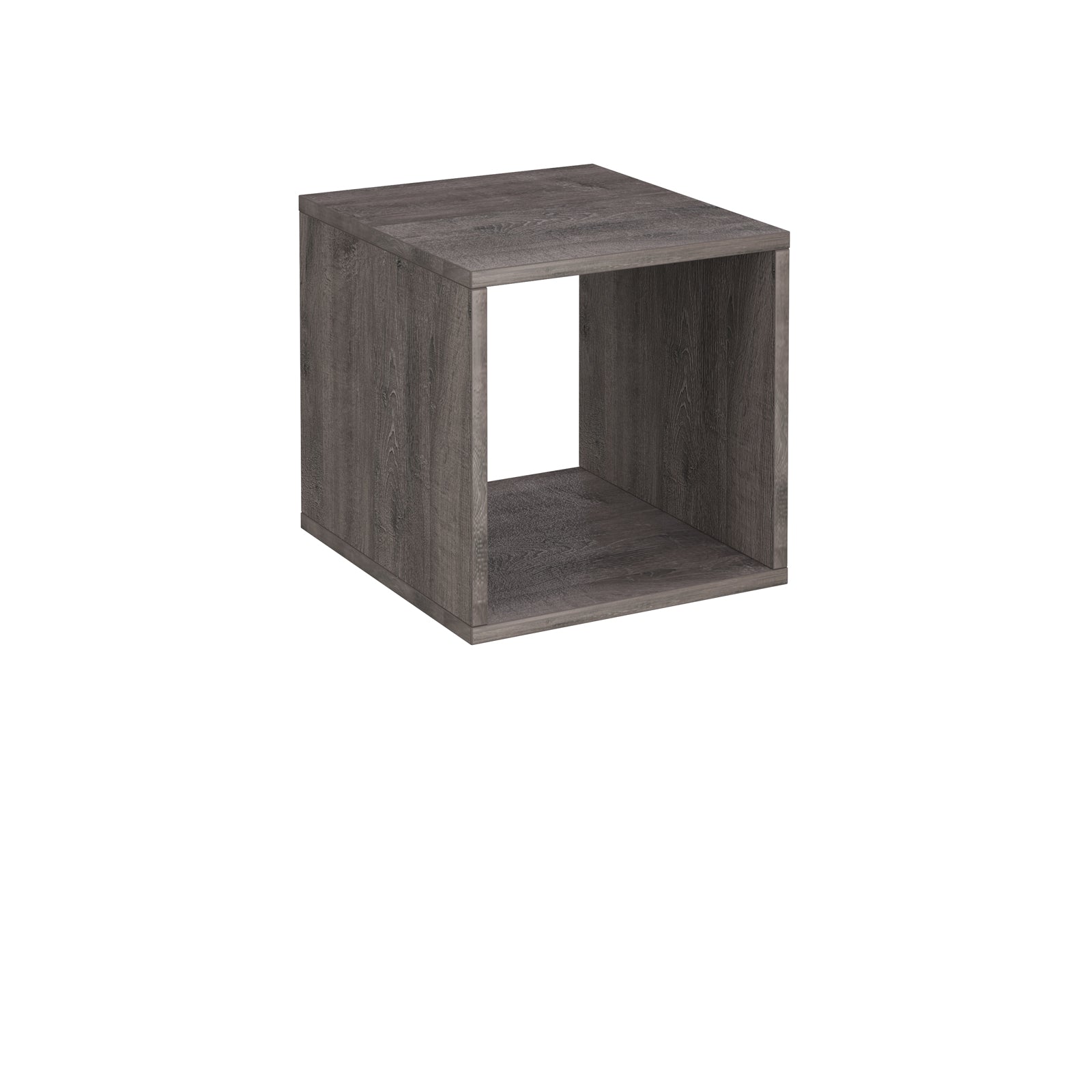 A square open-back storage shelf with a grey wood grain finish, shown from a three-quarter angle on a plain white background.