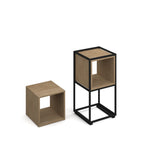 Two modern cube storage units with a light oak wood grain finish and black metal frames, shown on a plain white background.