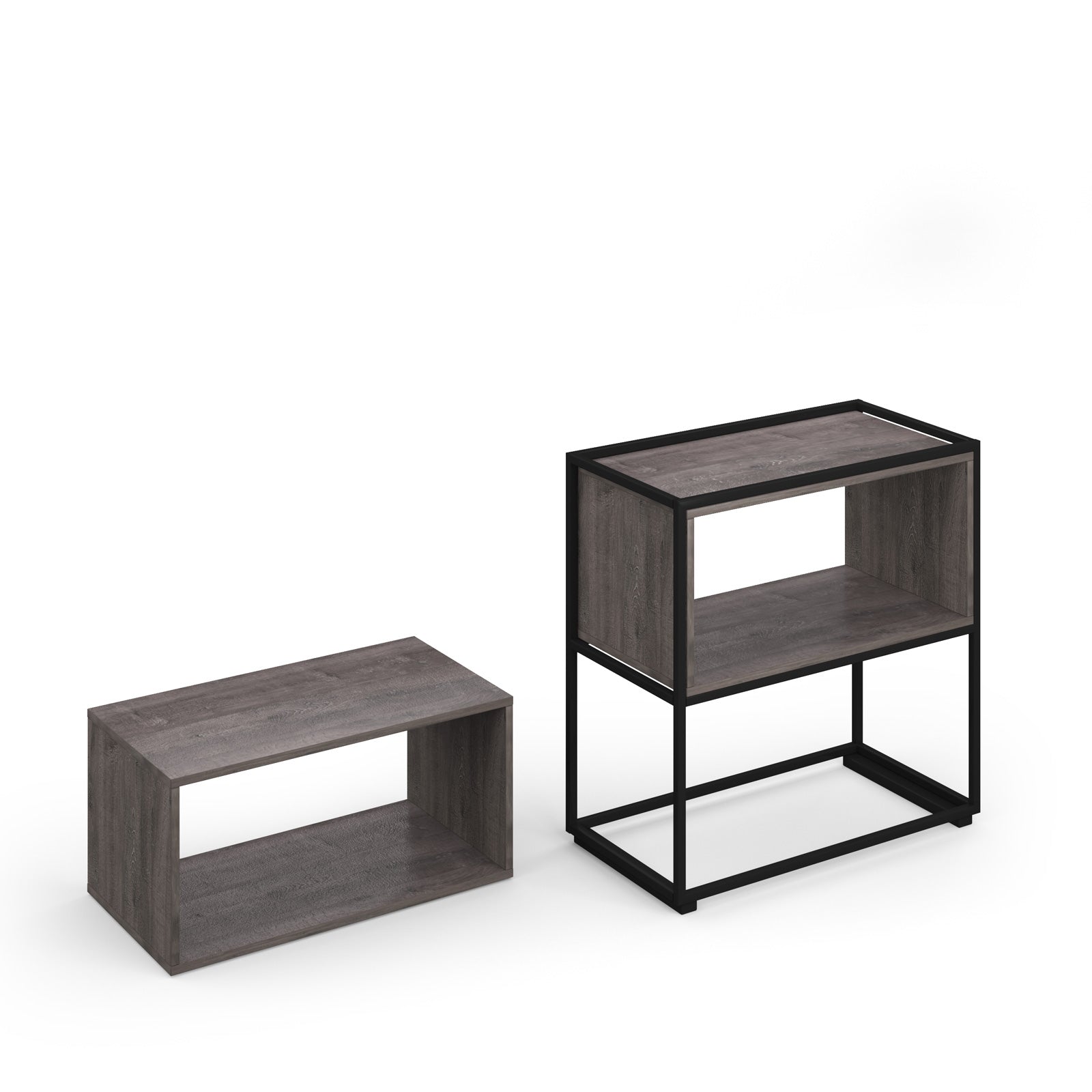 Two modern storage shelves with a dark grey wood grain finish and black metal frames, shown on a clean white background.