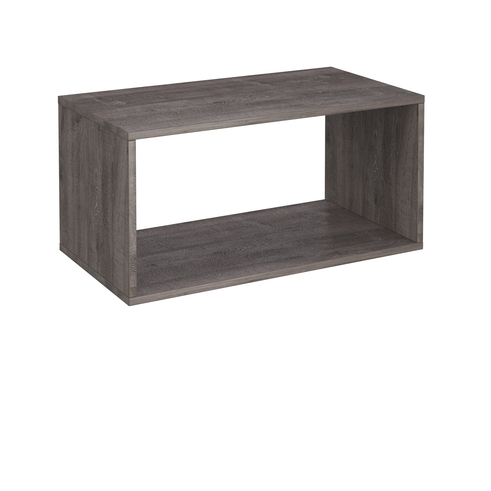 A rectangular open-back storage shelf with a grey wood grain finish, shown from a three-quarter angle on a plain white background.