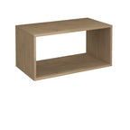 A rectangular open-back storage shelf with a light oak wood grain finish, shown from a three-quarter angle on a plain white background.