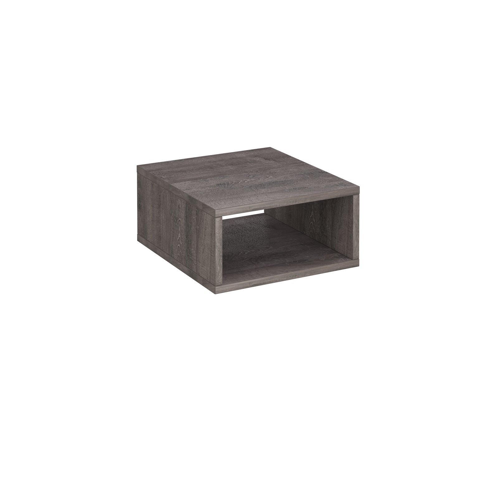 A grey wood grain cubby shelf on a white background