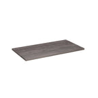 A rectangular grey wood-effect shelf, shown at an angle on a plain white background.