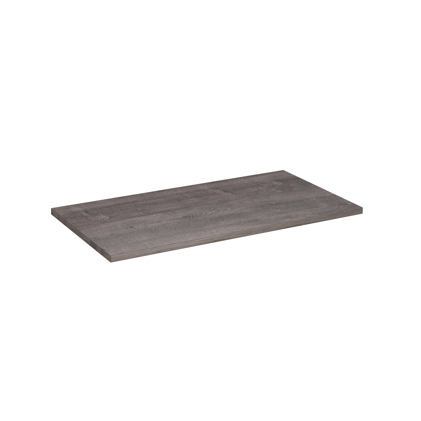 A rectangular grey wood-effect shelf, shown at an angle on a plain white background.