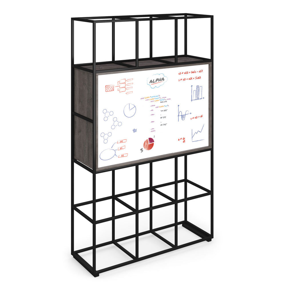 A modern shelving unit with a black metal frame and grey wood grain shelves, featuring a white board.