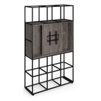 A modern shelving unit with a black metal frame and grey wood grain shelves, featuring a central cabinet module with a black mounting plate.