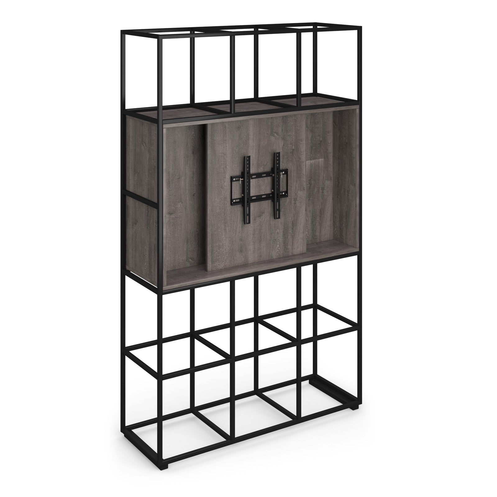 A modern shelving unit with a black metal frame and grey wood grain shelves, featuring a central cabinet module with a black mounting plate.