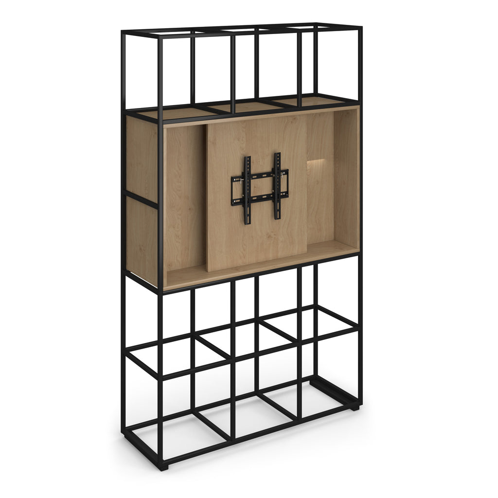 A modern shelving unit with a black metal frame and light oak wood grain shelves, featuring a central cabinet module with a black mounting plate.