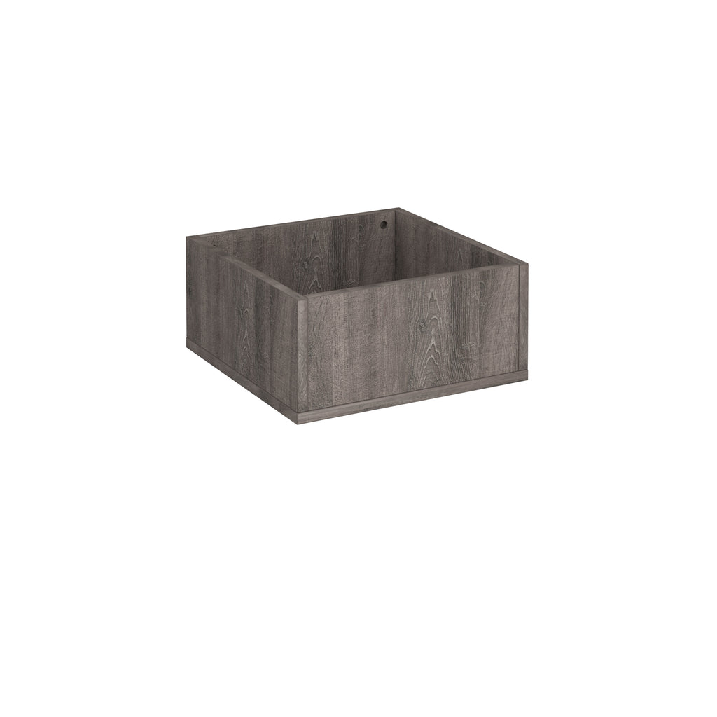 A square planter with a grey wood grain finish, shown from a three-quarters perspective on a plain white background.