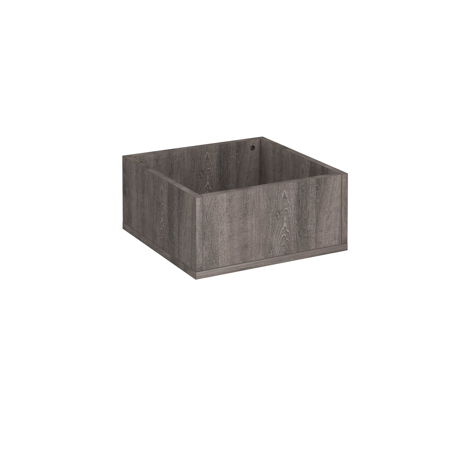 A square planter with a grey wood grain finish, shown from a three-quarters perspective on a plain white background.