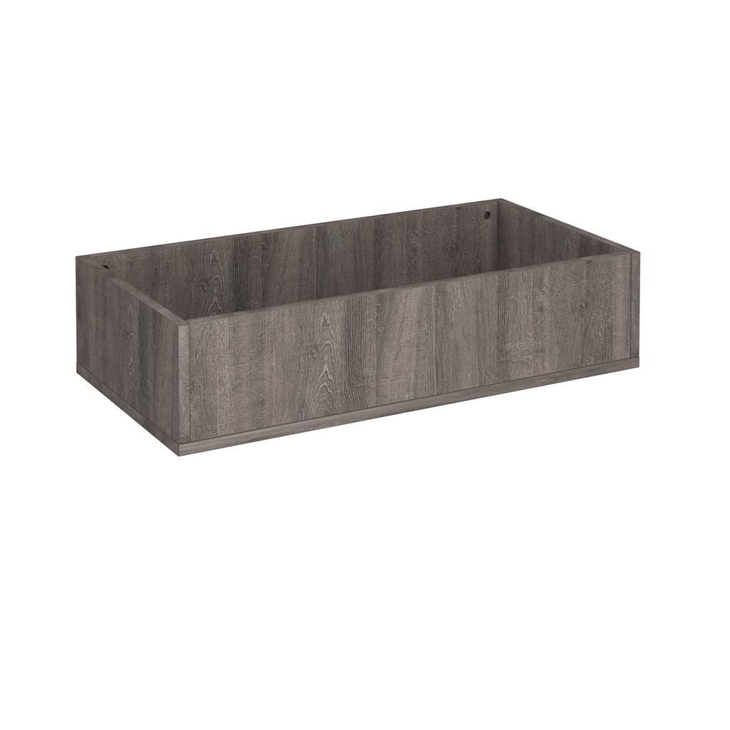 A rectangular planter with a grey wood grain finish, shown from a three-quarters perspective on a plain white background.