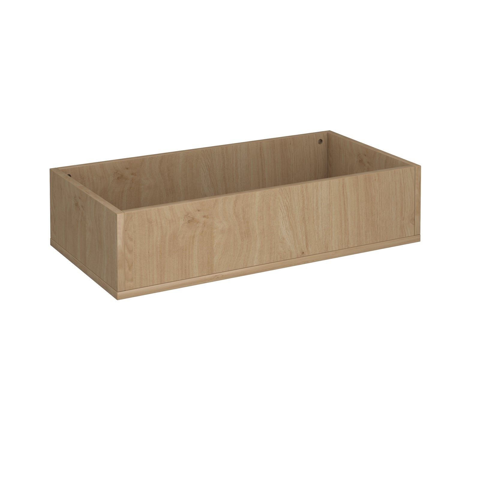 A rectangular planter with a light oak wood grain finish, shown from a three-quarters perspective on a plain white background.