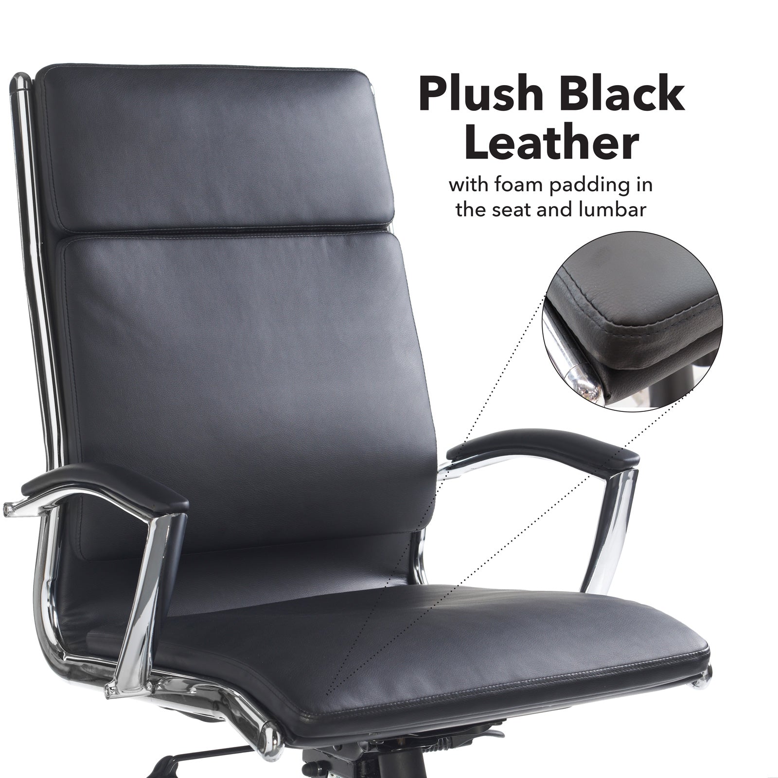 Black leather office chair with plush padding and chrome frame on a white background