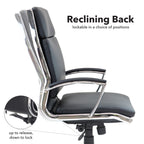 Black office chair with reclining back feature on a white background