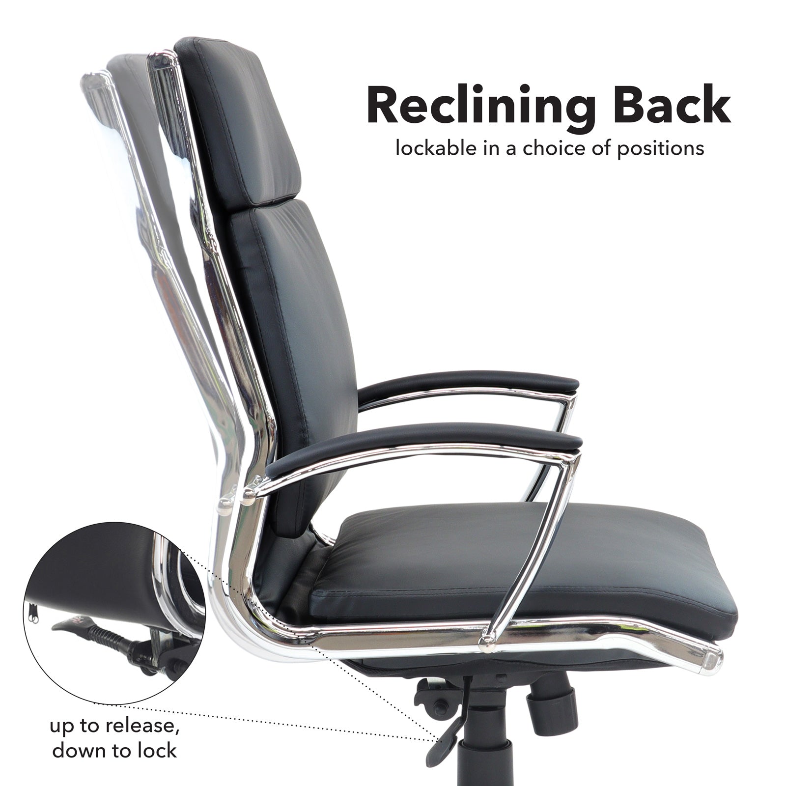 Black office chair with reclining back feature on a white background