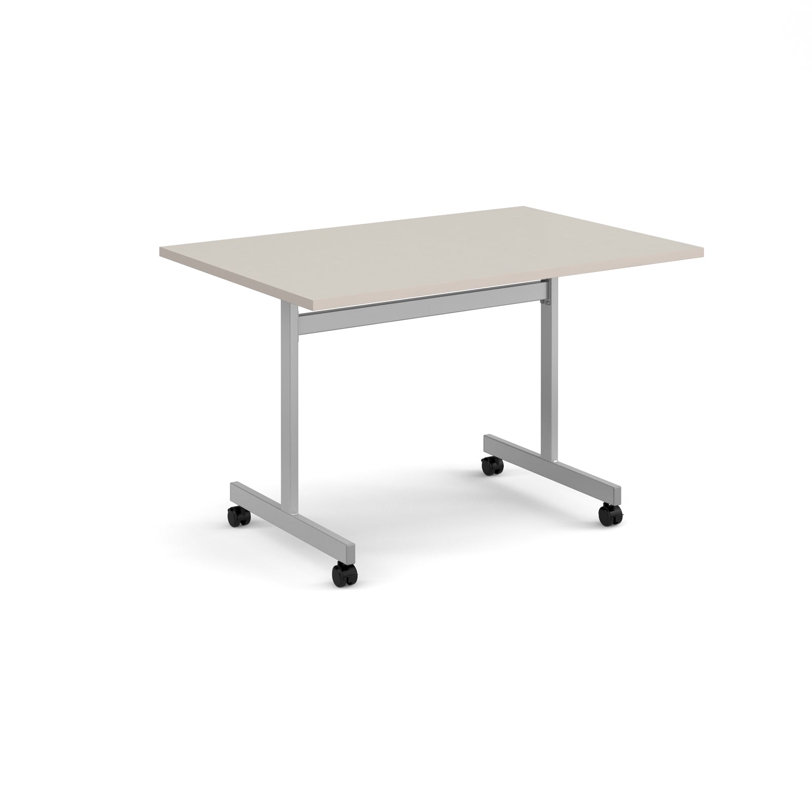 A rectangular office table with a light beige top and a silver metal frame on castors, shown on a white background.