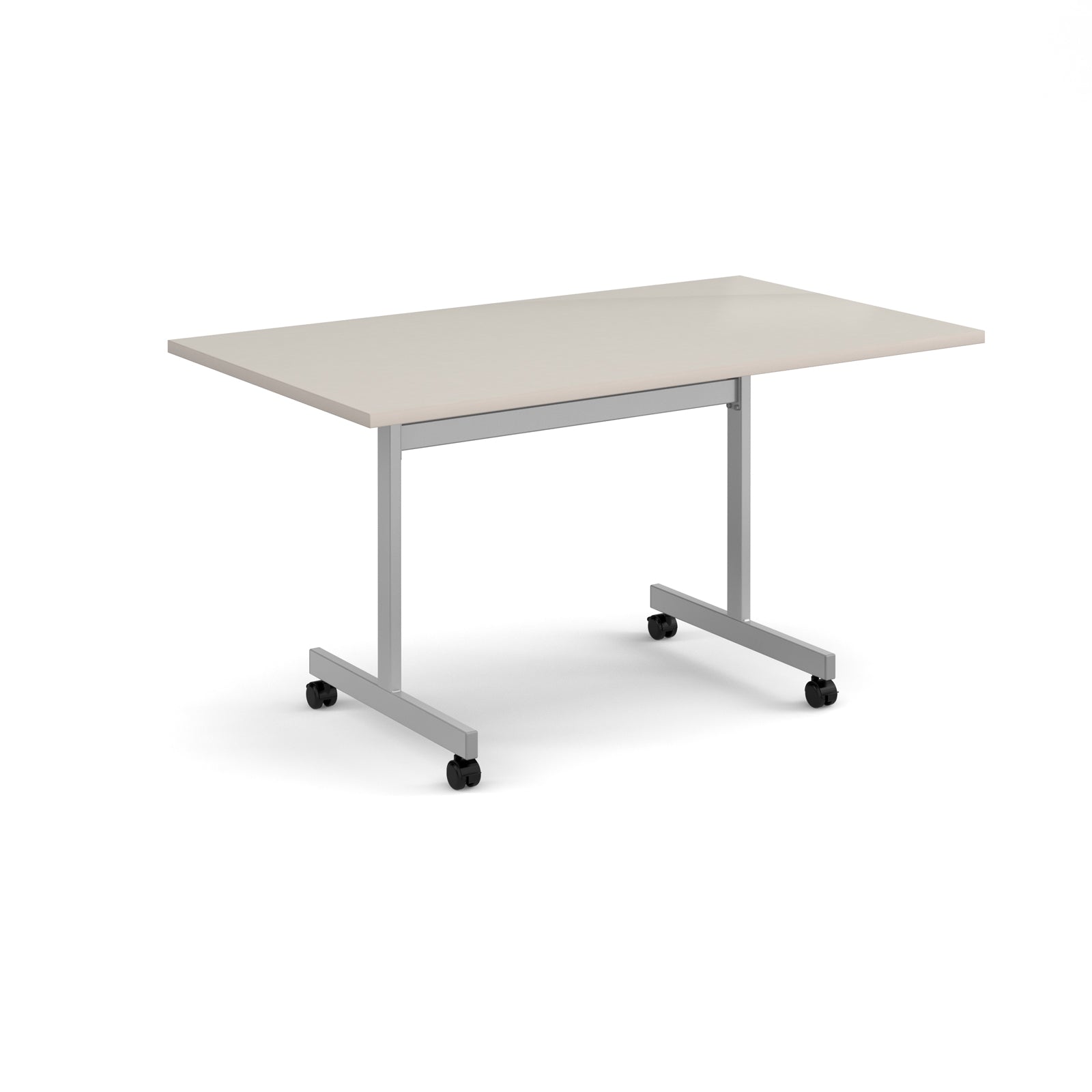 A rectangular office table with a light beige top and a silver metal frame on castors, shown on a white background.