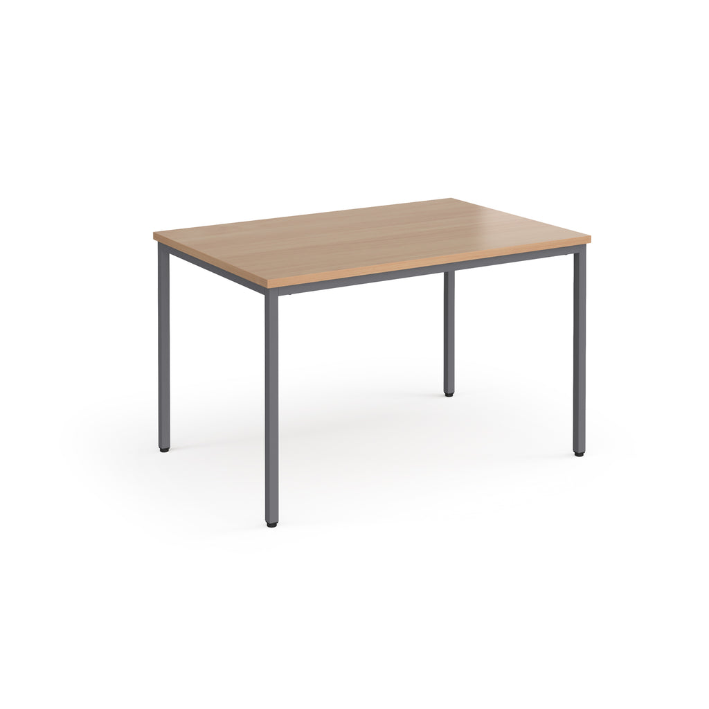 Rectangular table with wooden top and metal legs on a white background