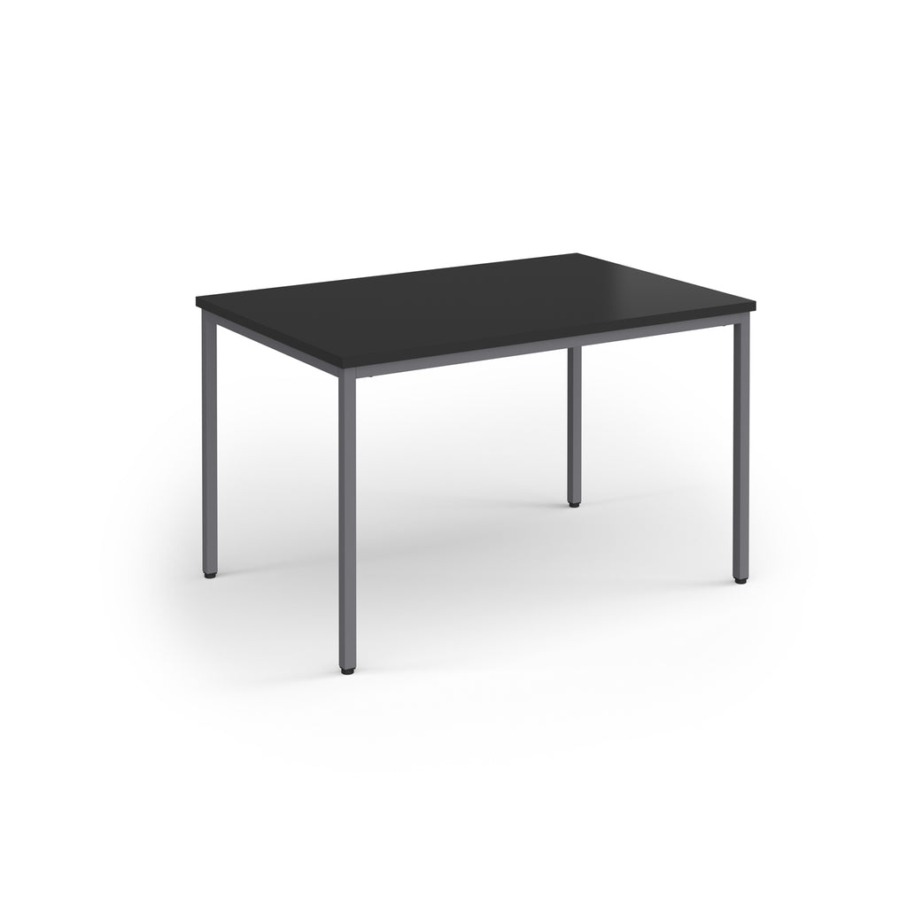 Black rectangular table with grey legs on a white background