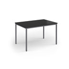 Black rectangular table with grey legs on a white background