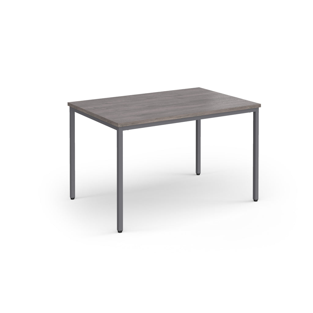 Rectangular table with a wooden top and metal legs on a white background