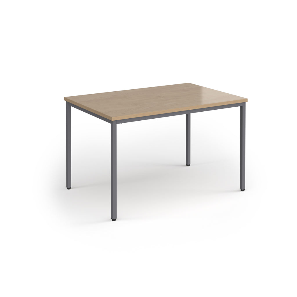 Rectangular table with wooden top and metal legs on a white background