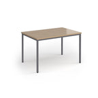 Rectangular table with wooden top and metal legs on a white background