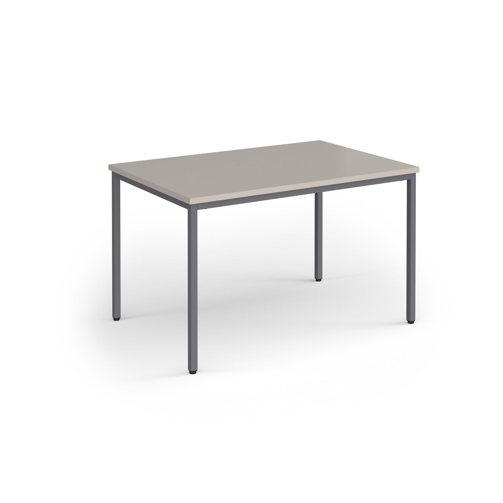 Rectangular table with a light grey top and dark grey legs on a white background