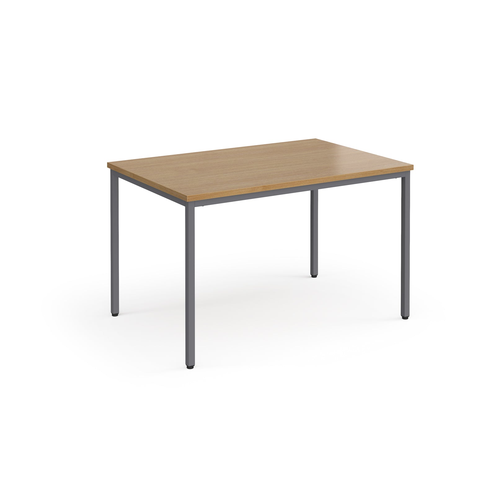 Rectangular table with wooden top and metal legs on a white background