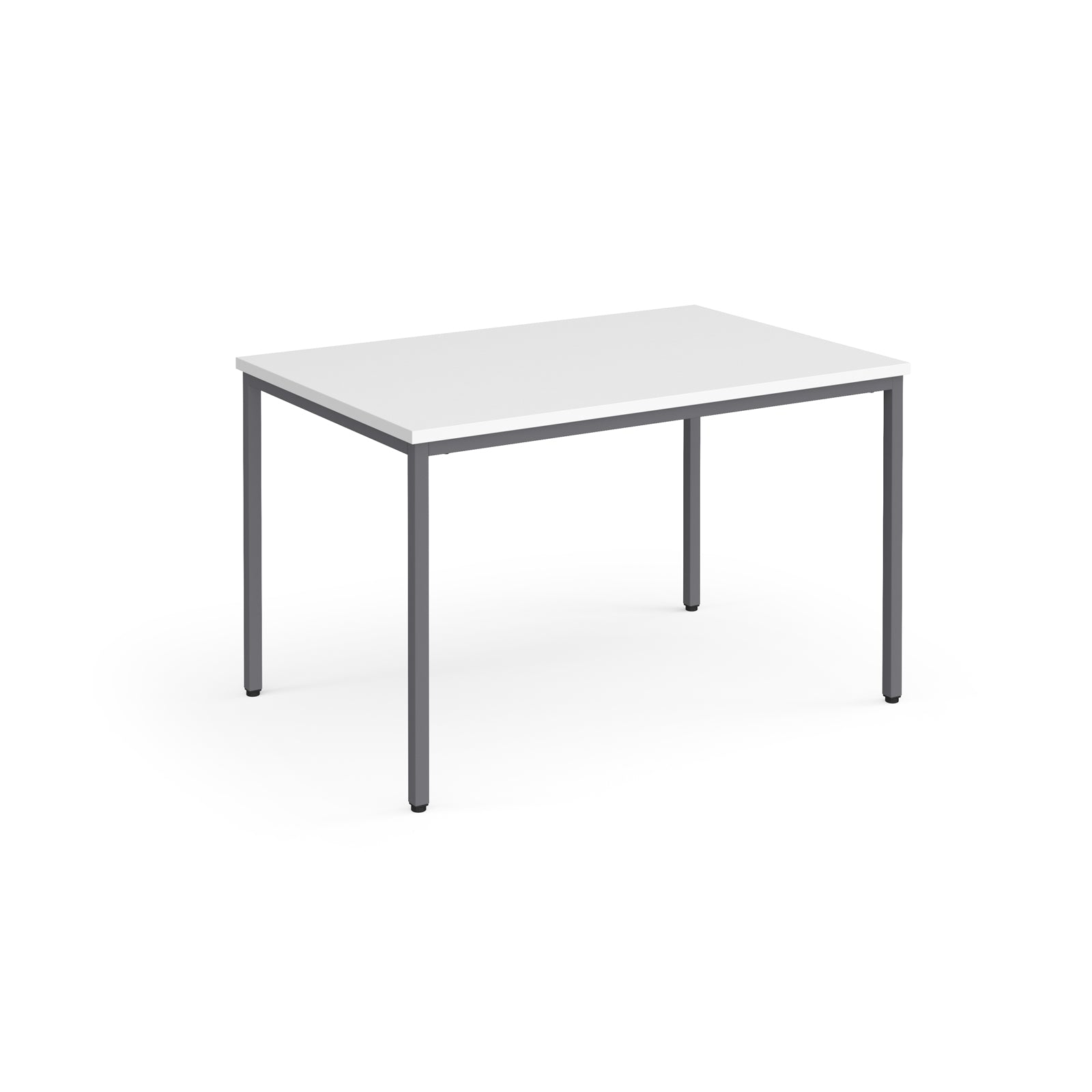 Rectangular table with white top and gray metal legs on a white background