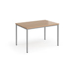 Rectangular table with wooden top and metal legs on a white background