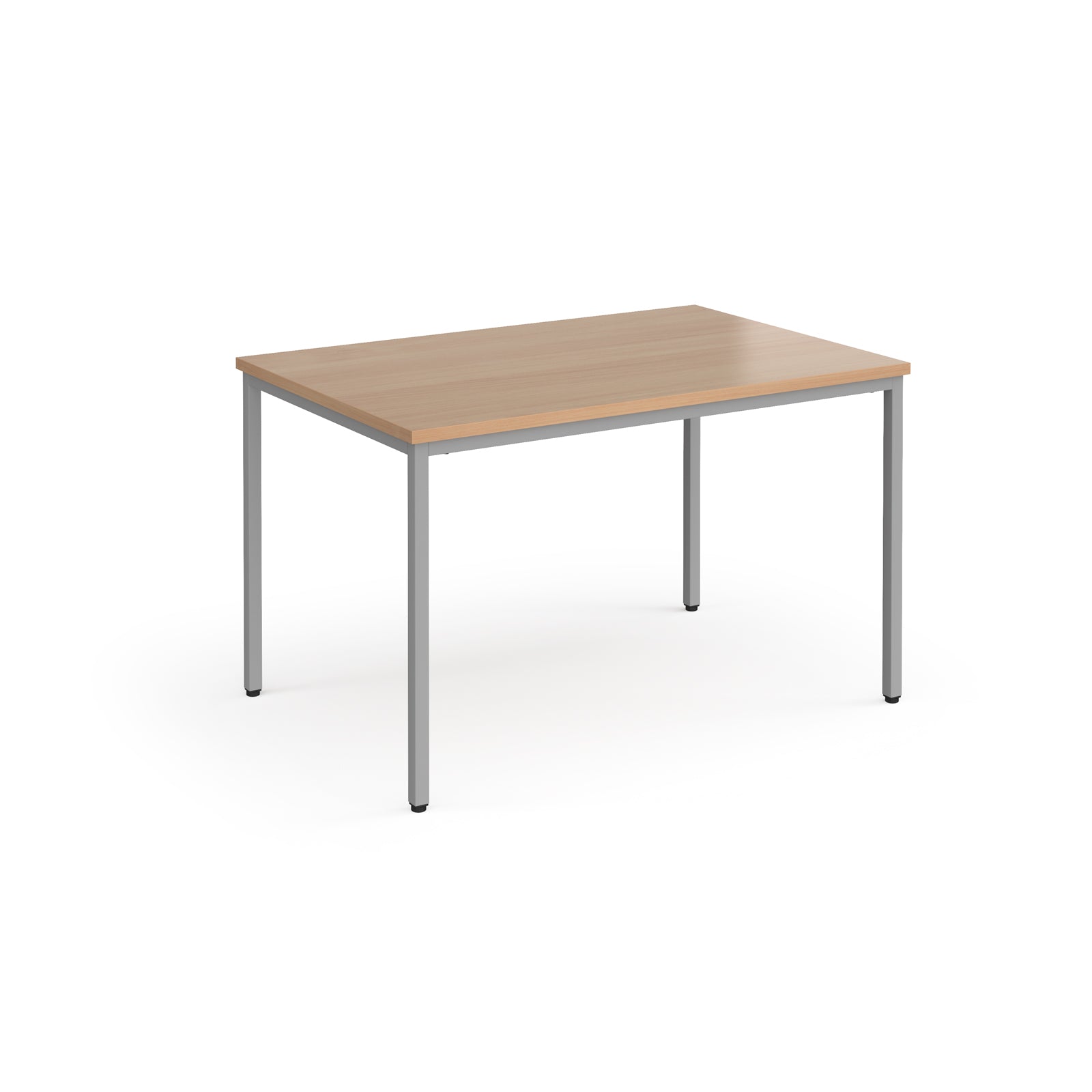 Rectangular table with wooden top and metal legs on a white background