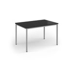 Rectangular table with black top and silver legs on a white background